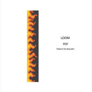 May include: A digital PDF pattern for a bracelet, featuring a flame design. The pattern is a vertical rectangle with a black background and a flame pattern in shades of orange and yellow. The text "LOOM PDF Pattern for Bracelet" is also included.