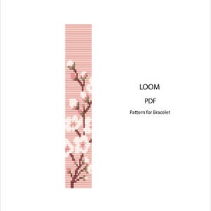 May include: A pink and white loom pattern for a bracelet, featuring a floral design with white blossoms and brown branches. The text on the image reads "LOOM PDF Pattern for Bracelet."