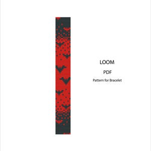 May include: A vertical loom pattern for a bracelet, featuring a design of red and black shapes on a white background. The text "LOOM PDF Pattern for Bracelet" is displayed on the right side.