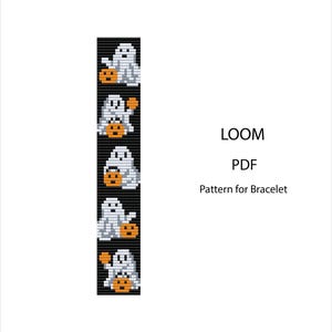 Könnte beinhalten: Schwarz-weißes Pixelmuster für ein Armband mit Geistern und Kürbissen. Der Text "LOOM PDF Pattern for Bracelet" ist auf weißem Hintergrund zu sehen. Geeignet für Loom-Arbeiten.