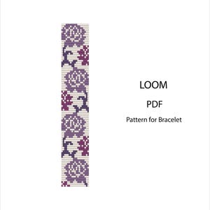 May include: A rectangular loom bead pattern for a bracelet featuring a repeating floral design in shades of purple, magenta, and white. The text LOOM PDF Pattern for Bracelet is printed in black on the right side of the graphic design.