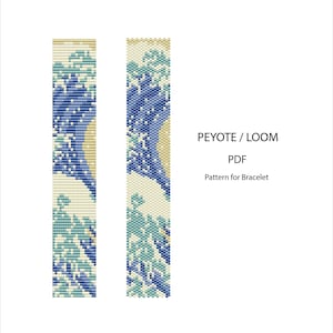 Puede incluir: Un patrón PDF digital para una pulsera, con un diseño inspirado en la Gran Ola de Kanagawa. El patrón utiliza tonos de azul, turquesa y crema para representar la icónica ola y el cielo. El texto "PEYOTE / LOOM PDF Pattern for Bracelet" también es visible.