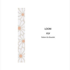 May include: A vertical bracelet pattern with a daisy design in white, beige, and peach. The text "LOOM PDF Pattern for Bracelet" is displayed on a white background.