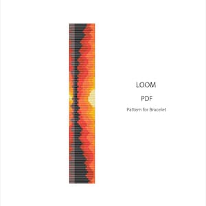 May include: A loom pattern for a bracelet in a PDF format. The design features a vertical, rectangular pattern with a sunset-like gradient of colors, including black, gray, red, orange, and yellow. The text "LOOM PDF Pattern for Bracelet" is displayed.