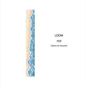 May include: A loom pattern for a bracelet with a beach design. It shows a sandy beige area, blue waves, and the text "LOOM PDF Pattern for Bracelet."