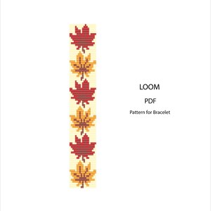 Puede incluir: Un diseño vertical con un patrón repetido de hojas de arce rojas y amarillas, probablemente para una pulsera. Las hojas están sobre un fondo beige claro. El texto a la derecha dice "LOOM PDF Pattern for Bracelet."