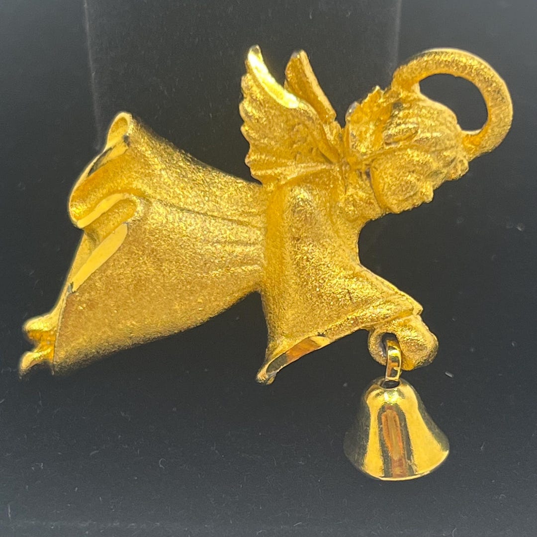 Bell Ringing Angel RR Signed Vintage Gold Tone Bell Ringing Angel Brooch / Pin - Etsy