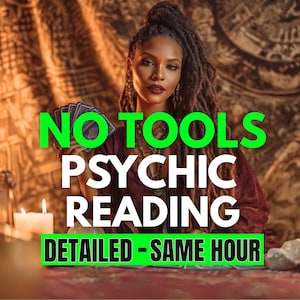 Peut inclure: Une femme tenant des cartes de tarot, avec le texte "NO TOOLS PSYCHIC READING DETAILED - SAME HOUR" en vert. La femme porte un haut bordeaux et des bijoux. Une bougie allumée et des pierres sont sur la table.