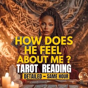 Peut inclure: Image d'une femme tenant des cartes de tarot. Le texte sur l'image indique : « HOW DOES HE FEEL ABOUT ME? TAROT READING DETAILED - SAME HOUR ». L'arrière-plan est de couleur dorée chaude avec des motifs décoratifs.