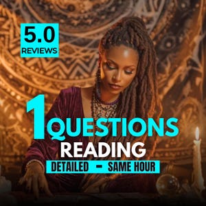 May include: An image advertising a reading service. The text reads "5.0 Reviews", "1 Questions Reading", "Detailed - Same Hour". A woman with long dreadlocks and a burgundy velvet robe is the central figure. A lit candle and a crystal ball are also visible.