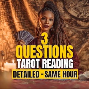 May include: A woman with dreadlocks holds tarot cards, with text overlay: "3 QUESTIONS TAROT READING DETAILED - SAME HOUR". She wears a burgundy top. Two lit candles are in the foreground. The background is a patterned fabric.