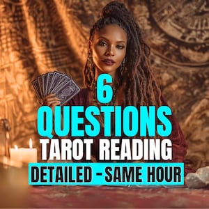 May include: An image featuring a woman holding tarot cards. The text on the image reads "6 QUESTIONS TAROT READING DETAILED - SAME HOUR". The woman is wearing a burgundy top and has long dreadlocks. Two lit candles are visible in the background.