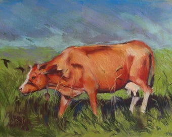 Vaca en Hattusa, 42 x 29 cm, Dibujo al pastel suave, Pintura, Obra de arte original.
