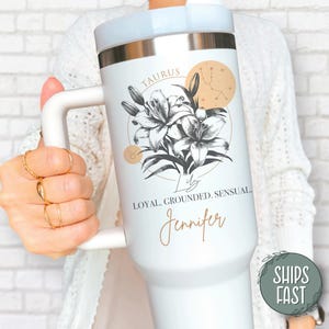 Zodiac Flower 40oz Tumbler, Personalized Zodiac Tumbler, Birth Month Zodiac Cup, Astrology Gift Mug, Zodiac Sign Gift, Custom Horoscope Gift