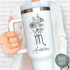 Birth Flower Tumbler, Personalized Zodiac 40oz Tumbler, Birth Flower Zodiac Cup, Birth Flower Gifts, Zodiac Sign Gift, Custom Horoscope Gift