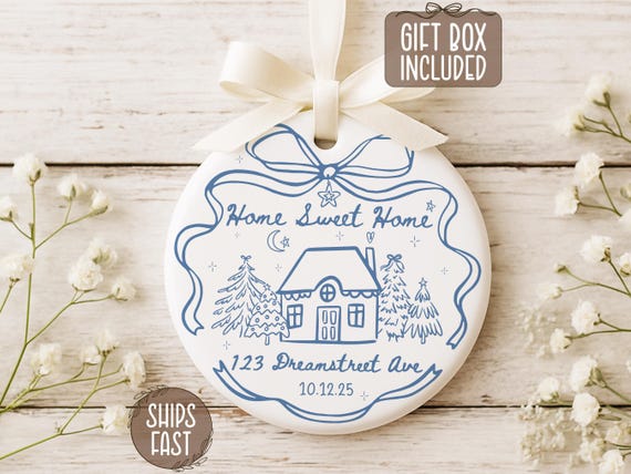 Home Sweet Home Ornament, Personalized New Home Ornament, Housewarming Gift, Realtor Client Gift, Couples Home Whimsical Ornament