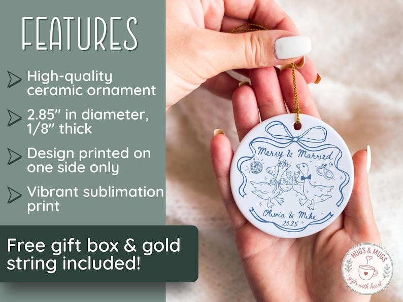 May include: A white ceramic ornament with a blue illustration of two geese toasting, with the text "Merry & Married" and the names "Olivia & Mike 2025". The ornament is 2.85 inches in diameter and 1/8 inch thick.