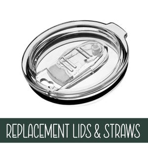 May include: Clear plastic replacement lid for a tumbler, with a black rim and a sliding closure. The lid is designed to fit a standard-sized tumbler. The text "REPLACEMENT LIDS & STRAWS" is displayed at the bottom of the image.
