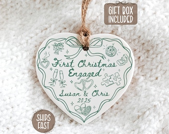 First Christmas Engaged Ornament, Custom Engagement Heart Ornament with Names & Date, Engagement Keepsake Romantic Whimsical Gift For Couple