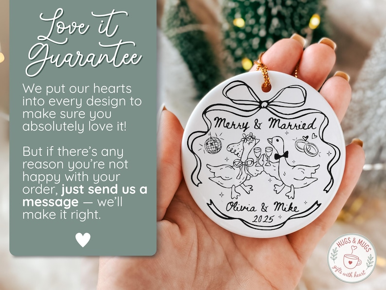 May include: White ceramic ornament with a black and white illustration of two geese toasting with champagne glasses, a disco ball, and wedding rings. The text "Merry & Married" and names "Olivia & Mike 2025" are also included.