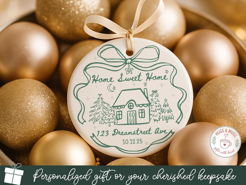 May include: A round, white ceramic ornament with a green illustration of a house, trees, and the text "Home Sweet Home." The ornament is surrounded by gold Christmas ornaments and has a cream-colored ribbon. The text "123 Dreamstreet Ave" and "10.12.25" are also included.
