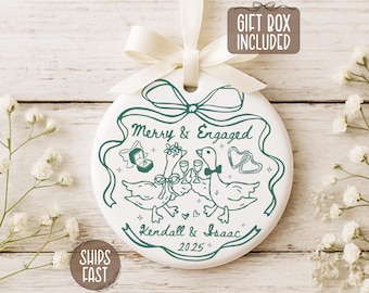 Merry And Engaged Ornament Personalized, First Christmas Engaged Ornament, Personalized Engagement Keepsake, Whimsical Ornament For A Couple