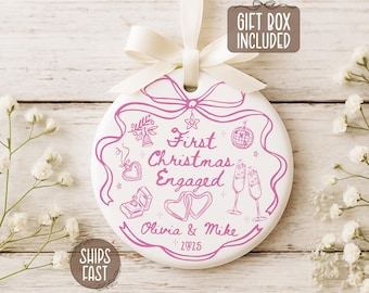 First Christmas Engaged Ornament, Custom Engagement Ornament with Names & Date, Engagement Keepsake, Romantic Whimsical Gift For Couple