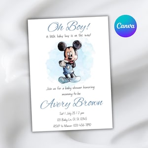 Blue Mickey Mouse Baby Boy Shower Invitation | Watercolor | Canva Editable Template | Boy Baby Shower Invite