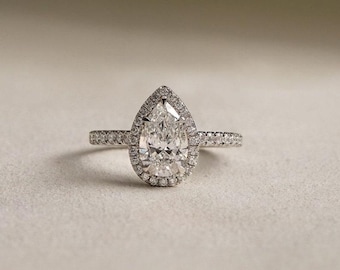 Bague de fiançailles en moissanite taille poire, solitaire délicat en or 14 carats
