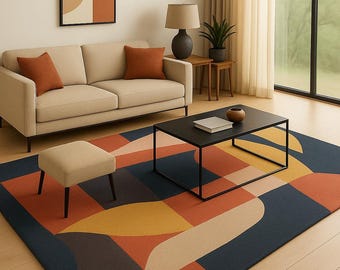 Modern geometrisch vloerkleed uit het midden van de eeuw | Marineblauw, sinaasappel, mosterd