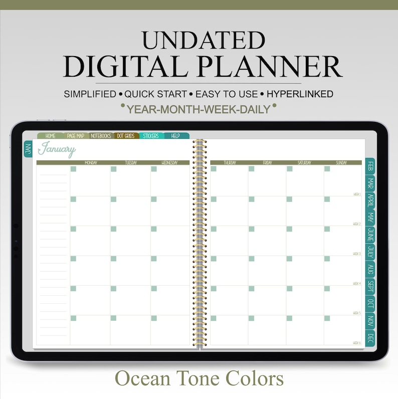 Undated Digital Planner for Goodnotes & Ipad, Month-week-day, Ocean ...