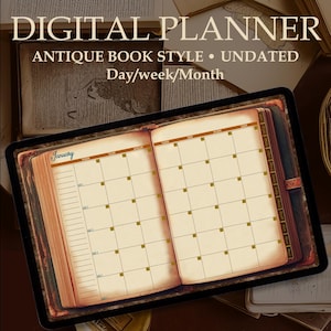 Undated Digital Planner Antique Book Style for GoodNotes & iPad, Month-Week-Day, iPad Agenda, Hyperlinked, Dark Academia, Use Forever