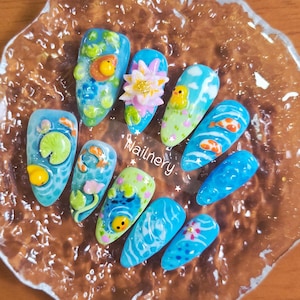 Sweet Nature Druk op nagels met schattige eend / 3D-bloemnagelkunst / handgemaakte nagels