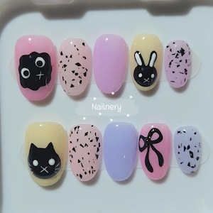 Pastel Cute Cartoon Press-On Nails – Handmade press on nails with cat bunny clound bow handpainted nails
