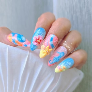 Sea Ocean 3D Animal Press on nails with whale, starfish, jellyfish, sea turtle, pearl shell, seahorse, and coral flowers nails handmade