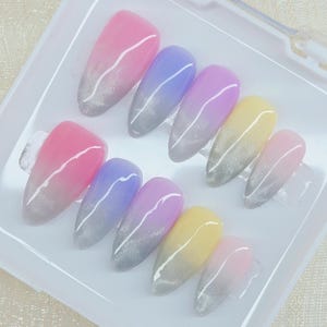 Pastel Seafoam Ombre Cat Eye Shimmer Press On Nails With Ocean Wave Nails Handmade