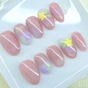 Pink Hologram shimmer Press On Nail Set With paint pastel flower handmade nails