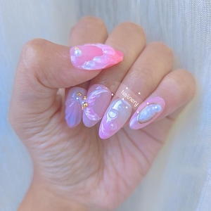 Mermaid Ocean 3D Animal Press on nails with whale, starfish, jellyfish, sea turtle, pearl shell, seahorse, and coral flowers nails handmade