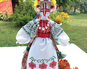 Handgjord ukrainsk Motanka-docka – Broderad vallmoamulett, 30 cm