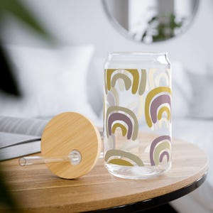 Tasse en verre rétro arc-en-ciel avec couvercle et paille, gobelet à café glacé 16 oz, esthétique bohème, cadeau enseignant, tasse réutilisable