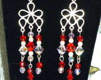 Reddy Get Set...HOT! Sterling Silver with Red and Aurora Borealis Swarovski Crystal Dangle Chandelier Earrings