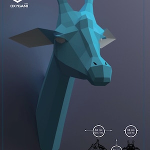 May include: A teal, geometric giraffe head sculpture. The artwork is made of 47 parts and takes approximately 8 hours to create. The giraffe head measures 19.7 inches wide, 15 inches high, and 21.6 inches deep. The Oxygami logo is in the upper left corner.