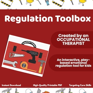 Op de afbeelding: Een rode achtergrond met de tekst "Regulation Toolbox" en een afbeelding van een gereedschapskist met gereedschap. De tekst "Created by an OCCUPATIONAL THERAPIST" en "An interactive, play-based emotional regulation tool for kids" zijn ook aanwezig.
