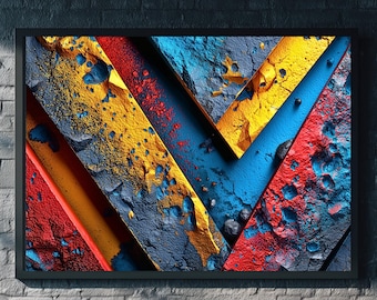 Abstracte kleurrijke muurdecoratie, digitaal te downloaden, met een gedurfde rode, blauwe en gele, moderne textuur en eigentijdse printbare woondecoratie.