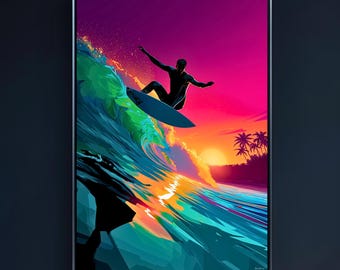 Surf Sunset Wall Art Digital Download Tropical Wave Print Vibrant Ocean Surfer Poster for Beach House and Coastal Room Decor
