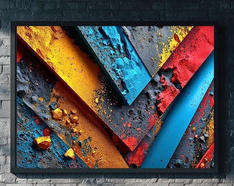Abstracte kleurrijke muurdecoratie in rood, geel en blauw, modern met textuur, digitale download, eigentijdse canvasdecoratie, housewarmingcadeau voor kunstliefhebbers.