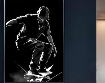 Black and White Skateboard Wall Art Digital Download Skater Poster Monochrome Sports Print Minimalist Silhouette Artwork Urban Decor