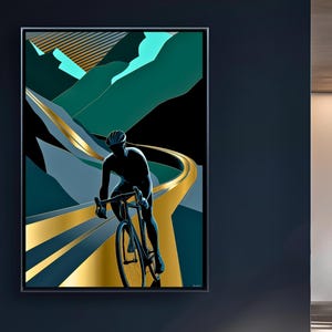 Teal and Gold Cycling Wall Art Modern Bike Art Print Abstract Mountain Road Design Unique Gift for Cyclists Bold Interiors Download