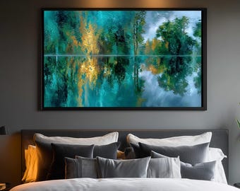 Arte mural verde salvia con reflejo de bosque de pinos, descarga digital japonesa Wabi Sabi, decoración moderna inspirada en la naturaleza, regalos corporativos de lujo.