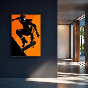 Skateboard Wall Art Digital Download Skater Silhouette Print Extreme Sports Poster Black and Orange Urban Room Decor Gift for Skateboarder